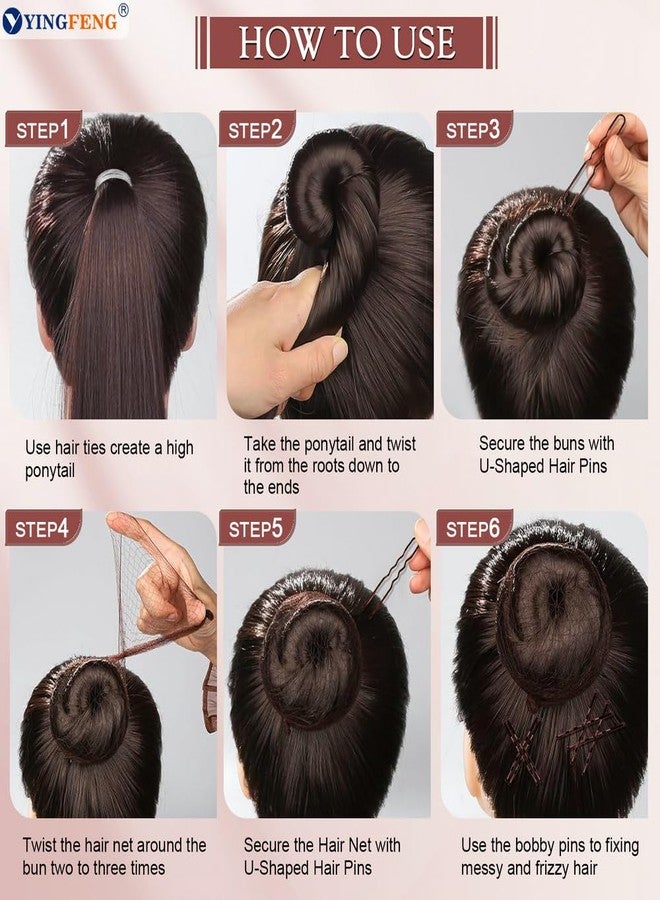YINGFENG 510PCS Brown Bobby Pins Hair Pins Kit with Hair Net, YINGFENG Includes 100 Bobby Pins for Women, 100 U-Shaped Buns Hair Clips, 300 Hair Bands and 10 Brown Hair Nets, Dance competition must haves - Image 5